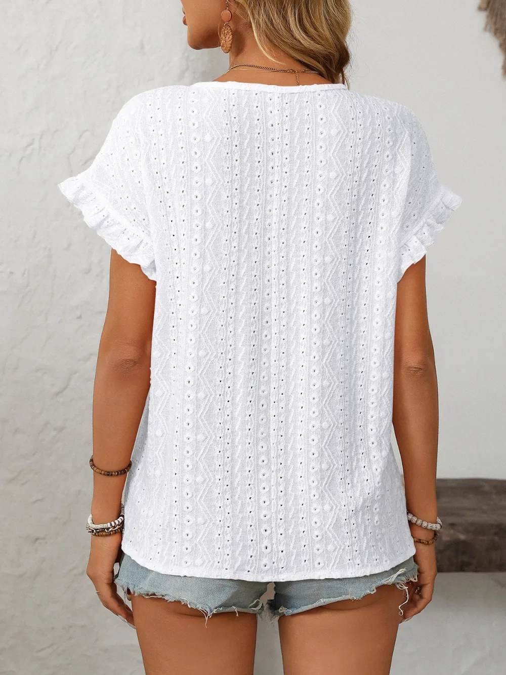 Eyelet Round Neck Short Sleeve Top, image 30