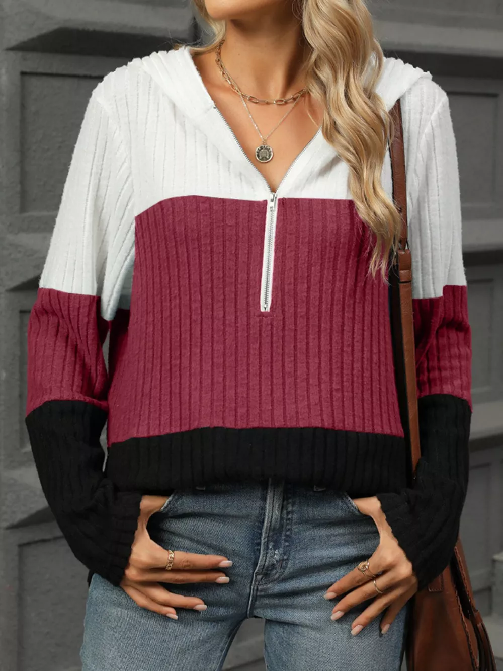 Color Block Half Zip Hooded Top, image 6