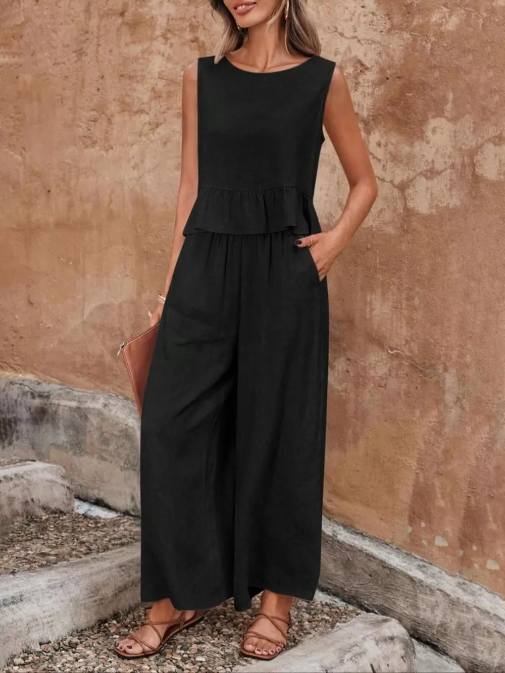 Sleeveless Ruffle Hem Top and Wide Leg Pants Two-Piece Set, image 12