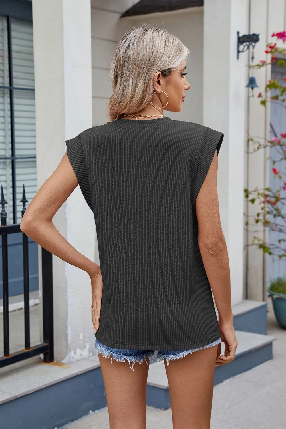 Corded Rib Round Neck T-Shirt, image 5