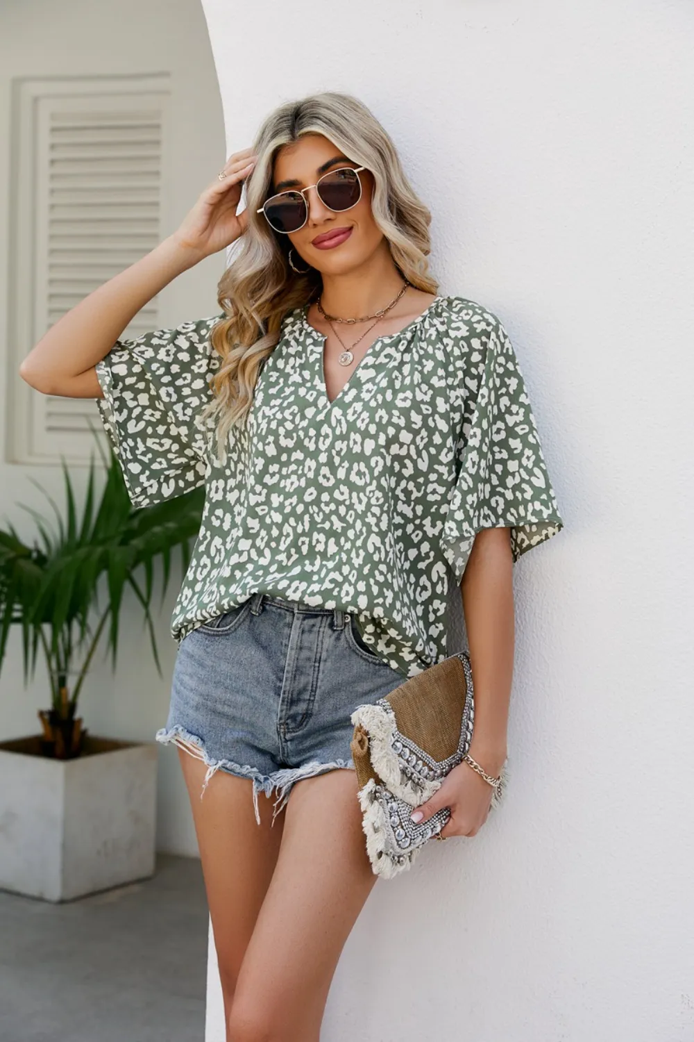 Leopard Notched Half Sleeve Blouse, image 6