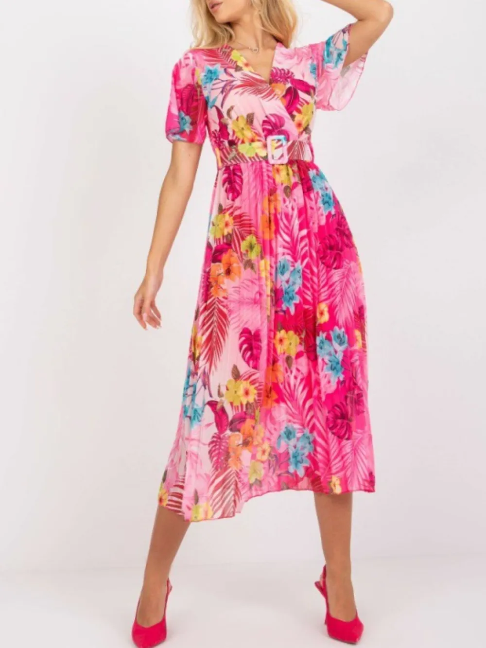 Printed Pleated Midi Wrap Dress with Belt, image 5