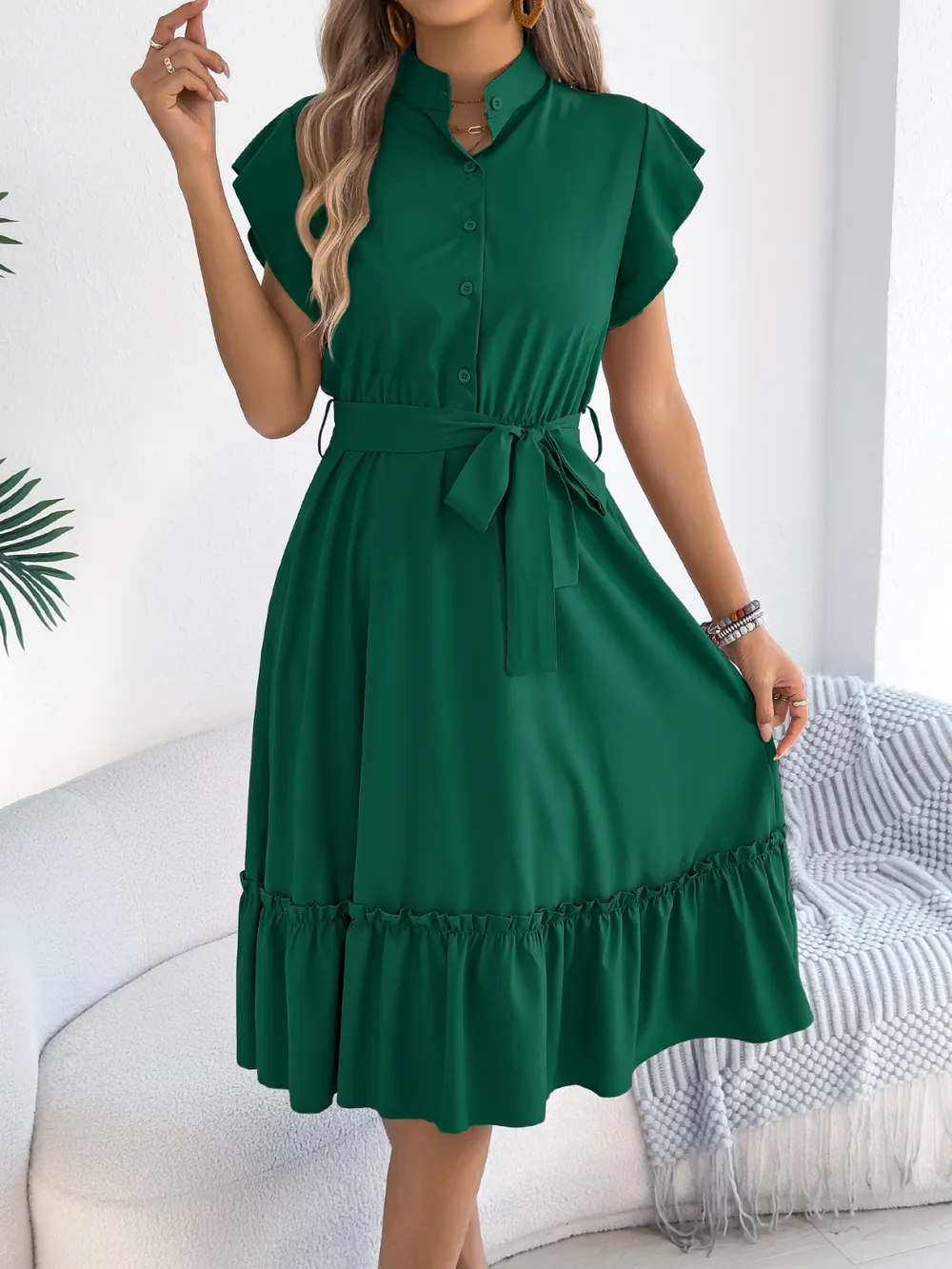 Tie Waist Ruffled Cap Sleeve Dress, image 11