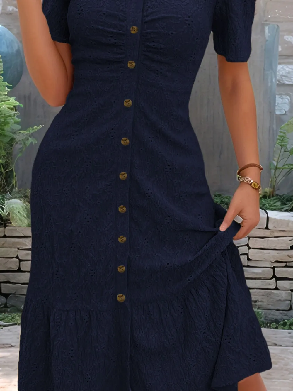 Eyelet Button Front V-Neck Midi Dress, image 15