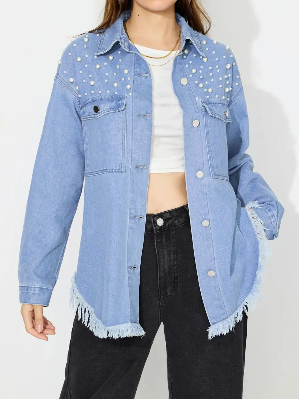 Raw Hem Pearl Trim Collared Neck Denim Top, image 7