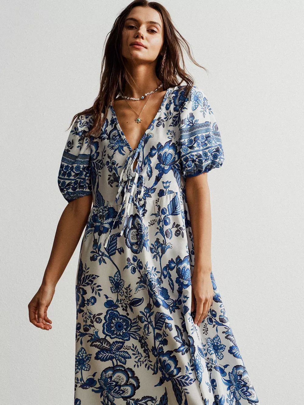 Floral Print Tie-Neck Puff Sleeve Maxi Dress, image 6