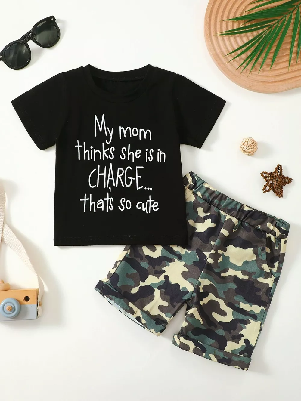 Children's Letter Graphic Tee and Camouflage Shorts Set, image 2