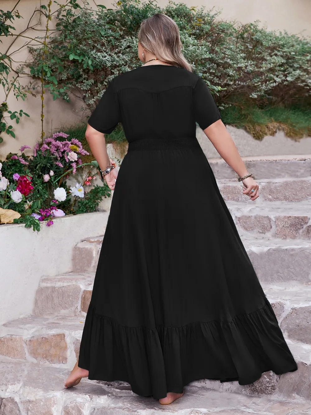 Plus Size Ruffled Hem Button Down V-Neck Short Sleeve Maxi Dress, image 7