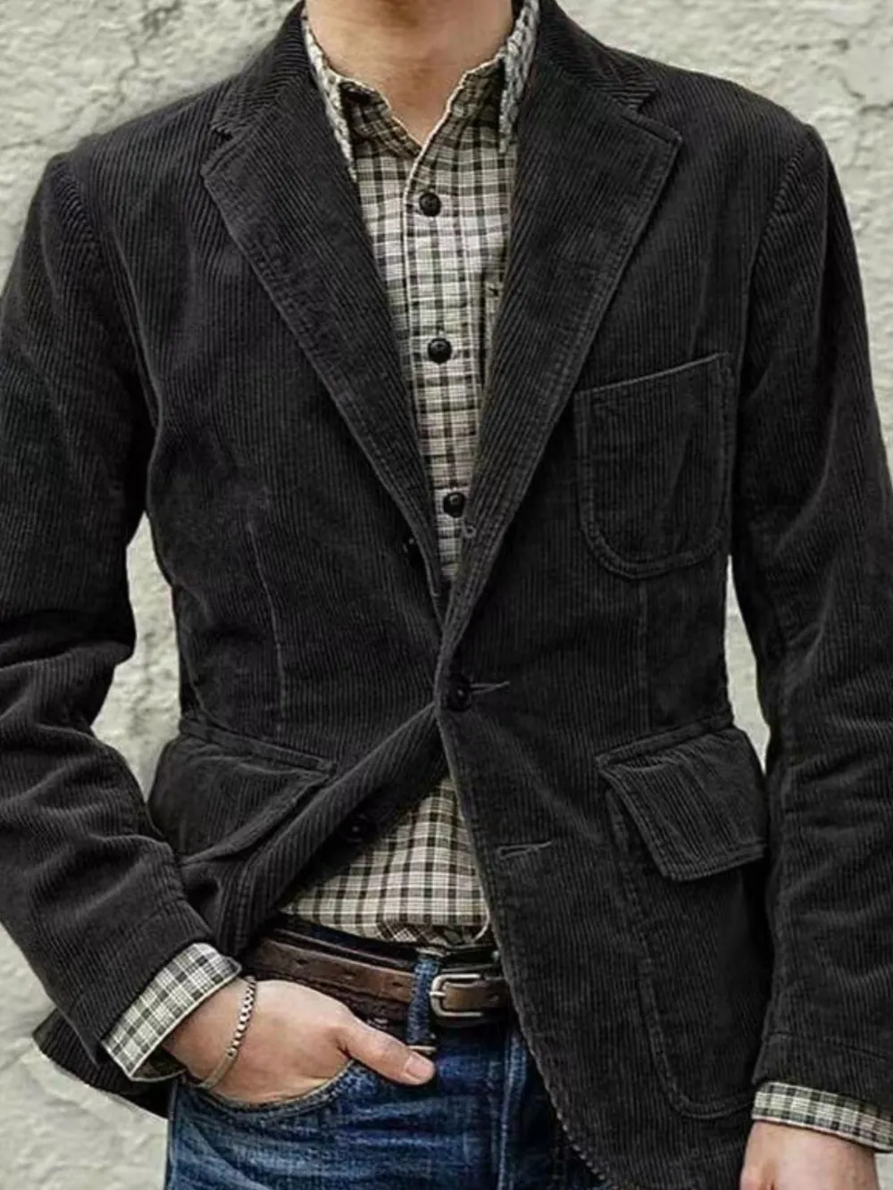 Men's Full Size Button Up Lapel Collar Corduroy Blazer Plus Size