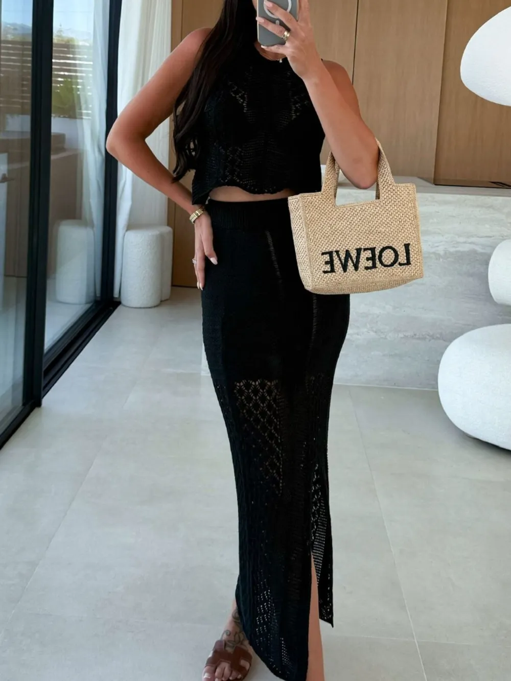 Openwork Round Neck Top and Slit Skirt Sweater Set, image 19