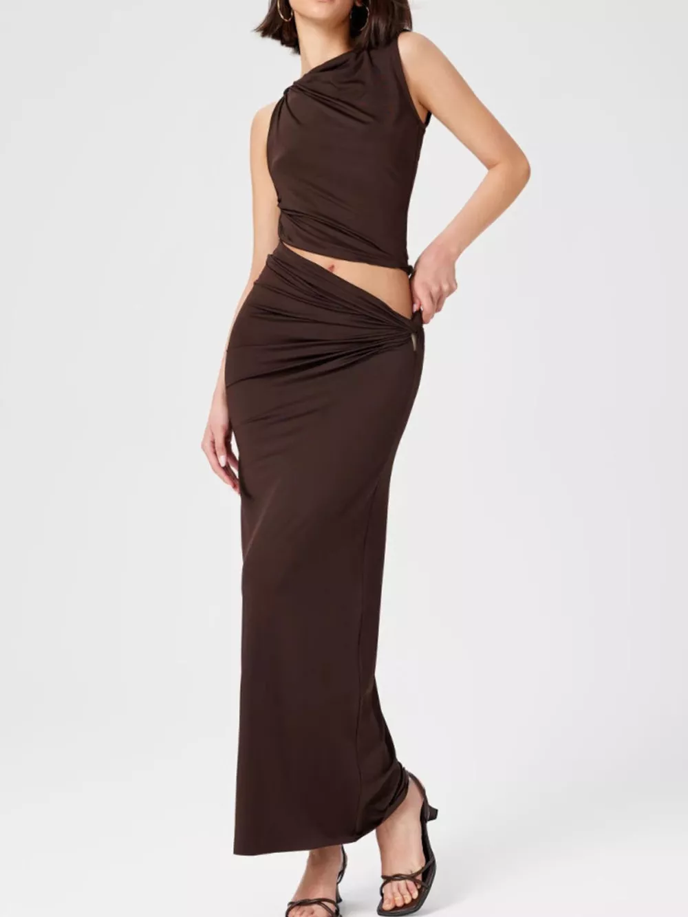 Asymmetrical Ruched Knit Top and Skirt Set