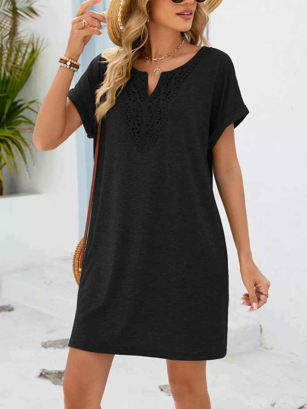 Lace Trim Notched Short Sleeve Dress, image 20