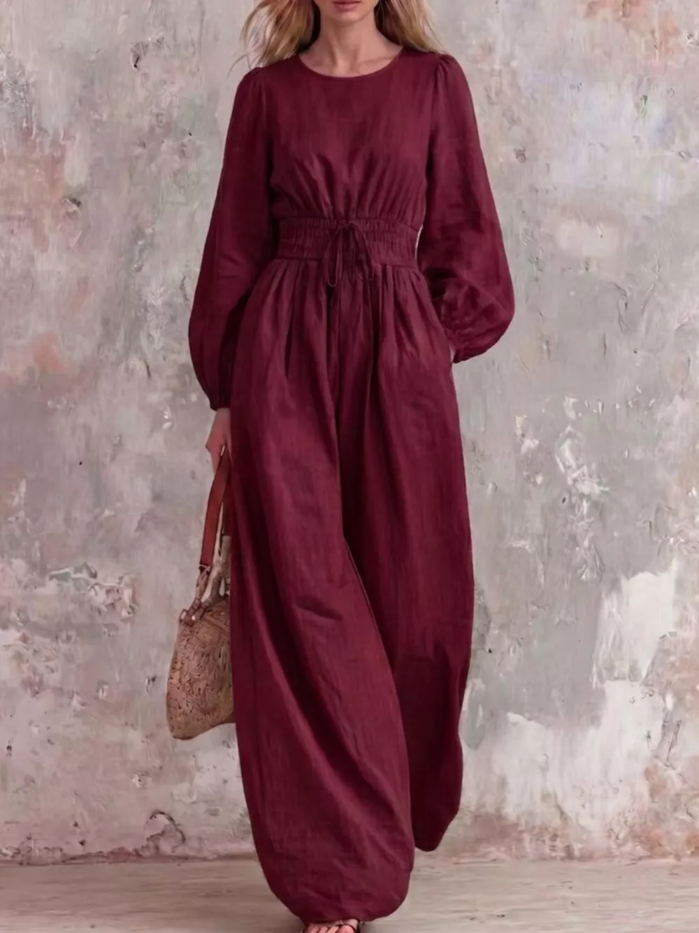 Smocked Waist Long-Sleeve Jumpsuit, image 5