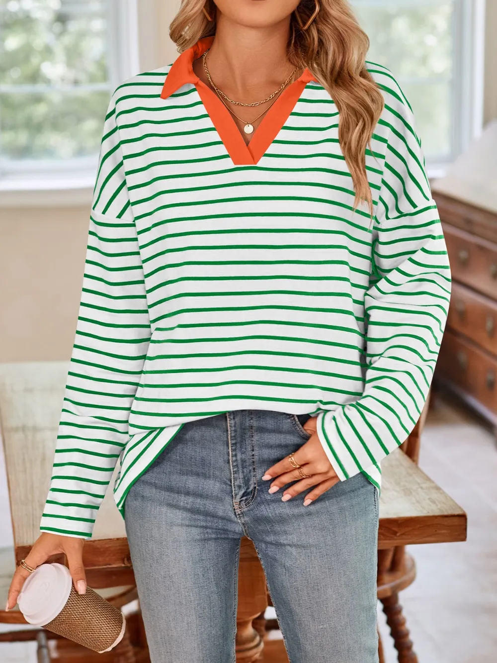 Striped Johnny Collar Long Sleeve T-Shirt, image 30