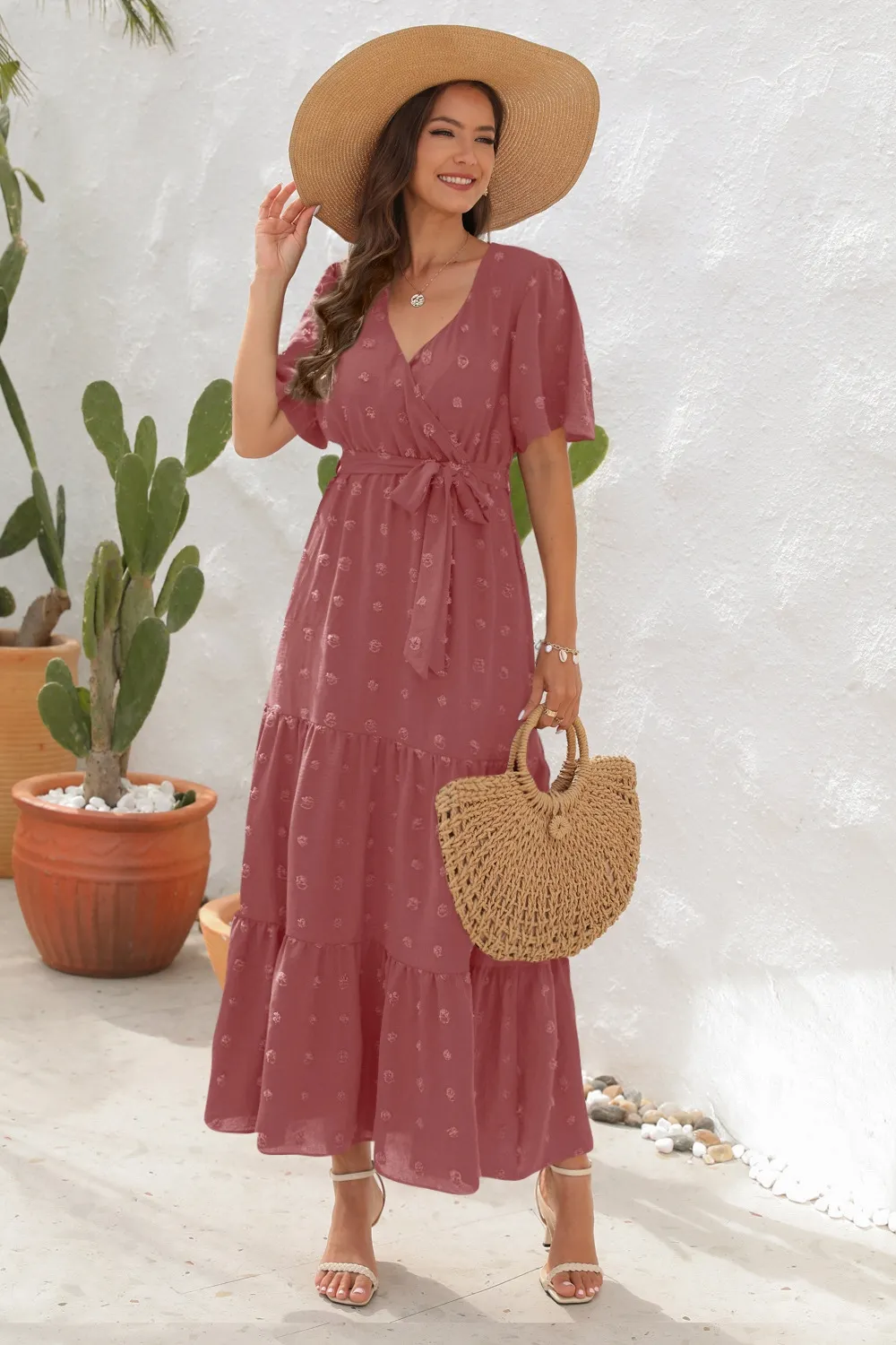 Swiss Dot Tied Surplice Short Sleeve Dress, image 15