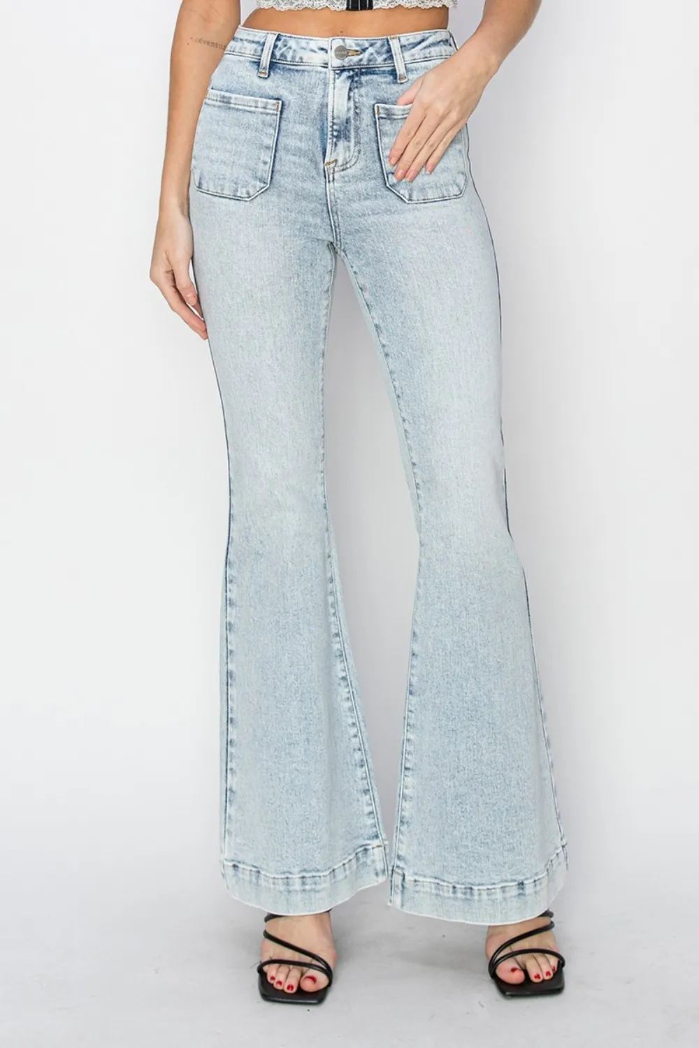 Full Size High Rise Front Patch Pocket Flare Jeans, image 6