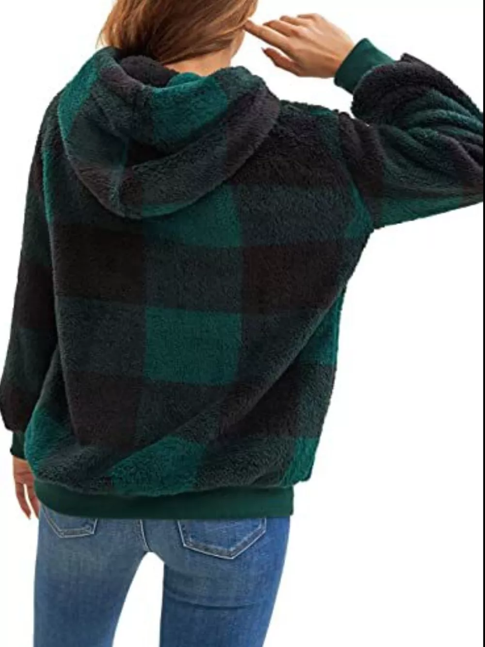 Full Size Plaid Sherpa Drawstring Hoodie Plus Size, image 12