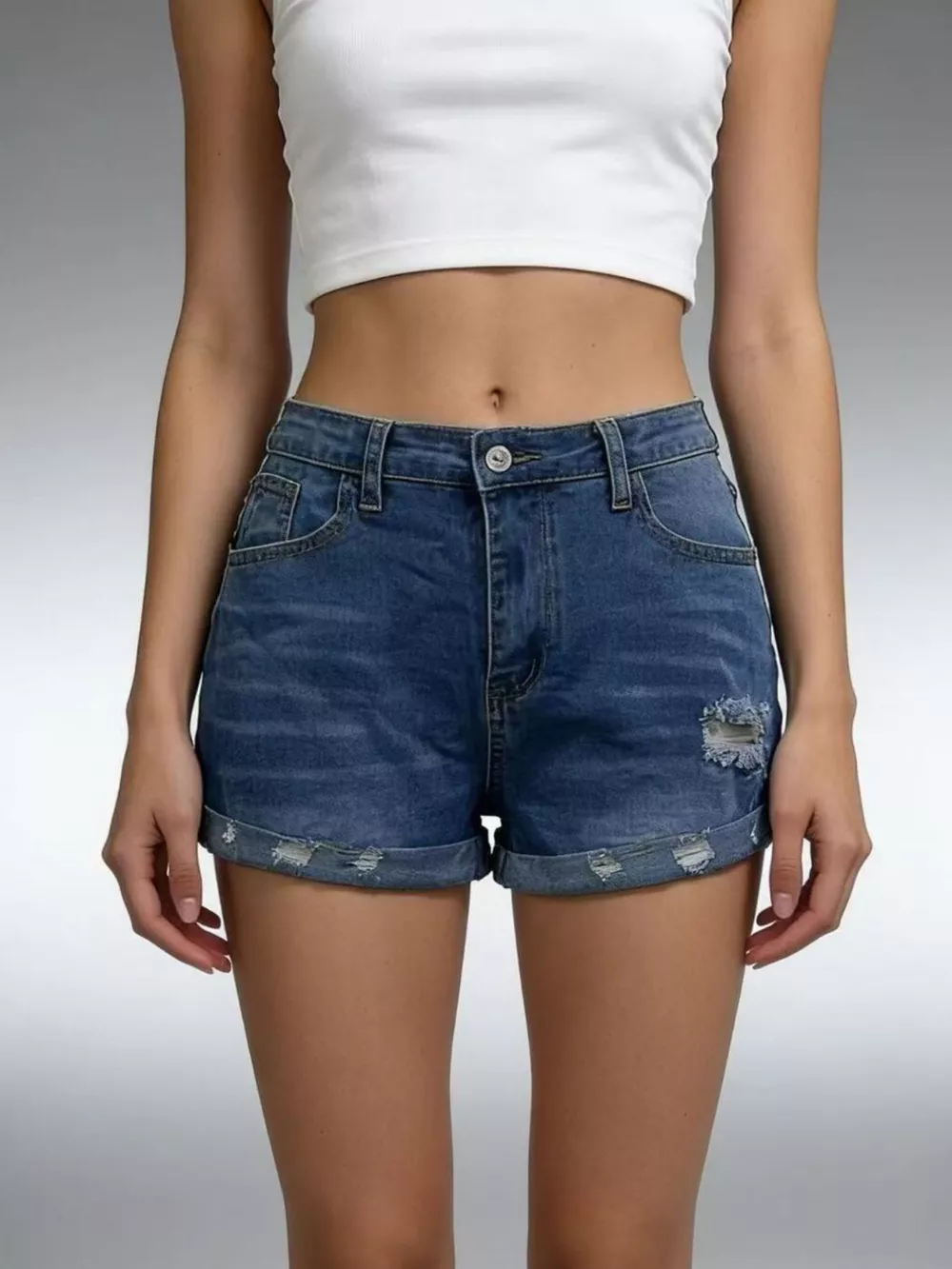 Distressed Denim Roll-Up Shorts, image 9