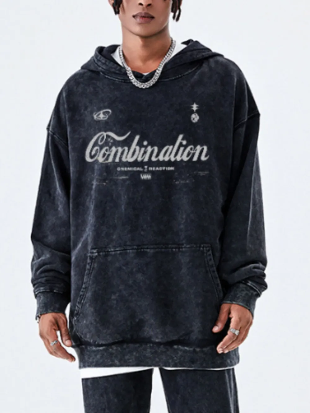 Men's Letter Washed Kangaroo Pocket Hoodie, image 2