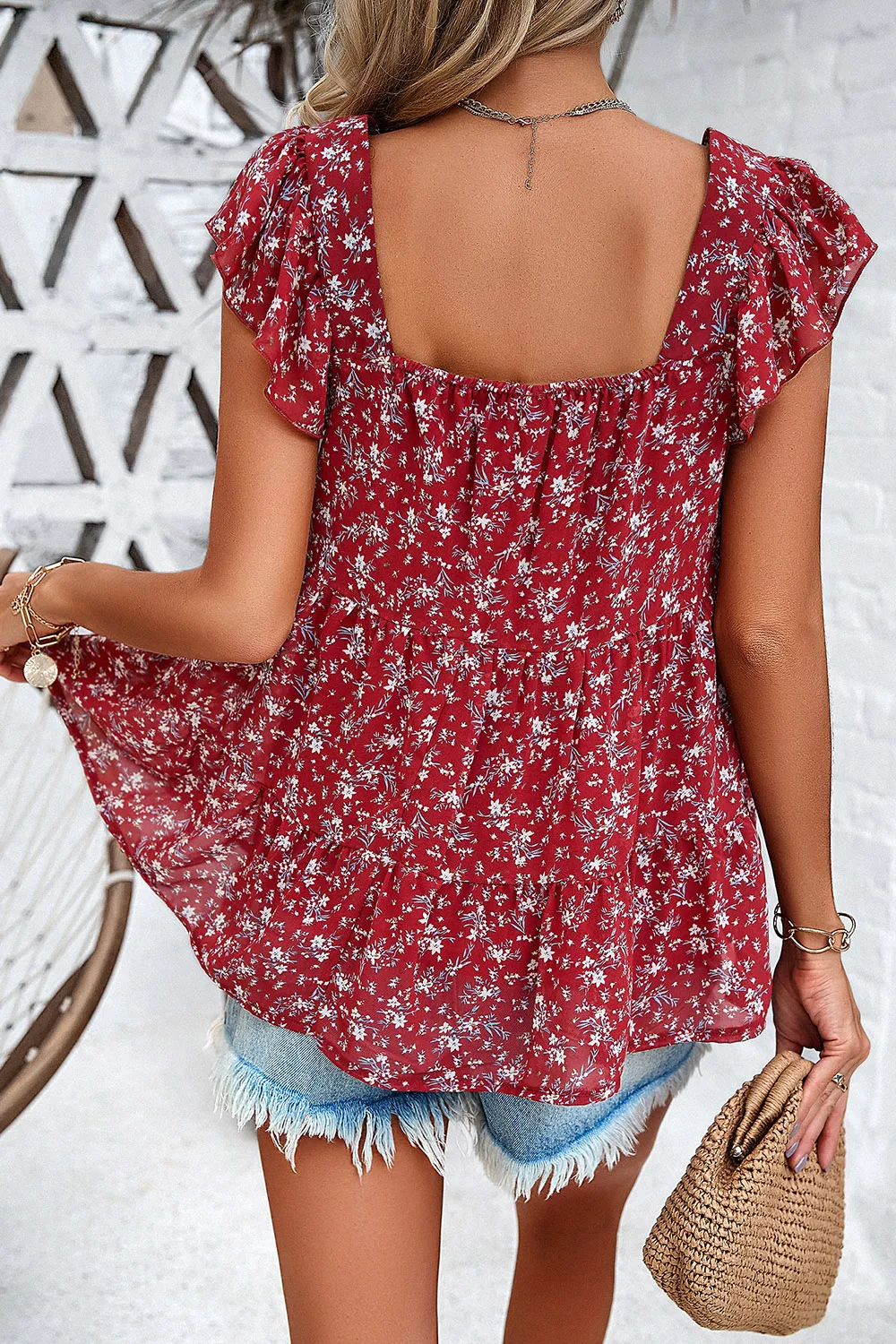 Printed Square Neck Cap Sleeve Blouse, image 3