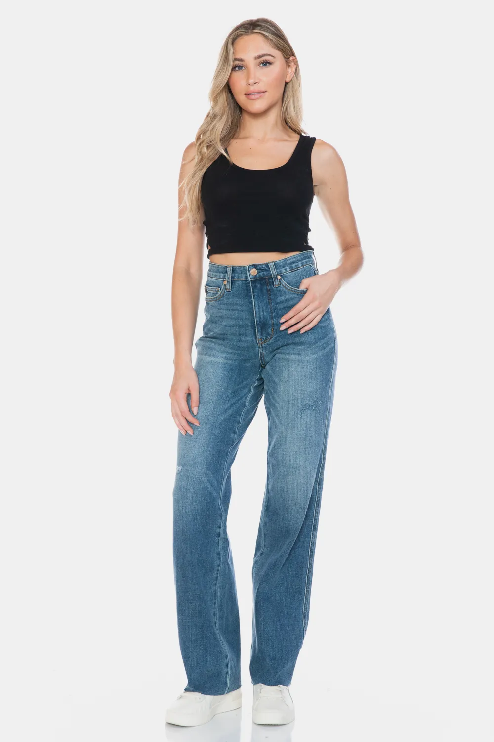 Full Size Tummy Control Cut Raw Hem Straight Jeans, image 7