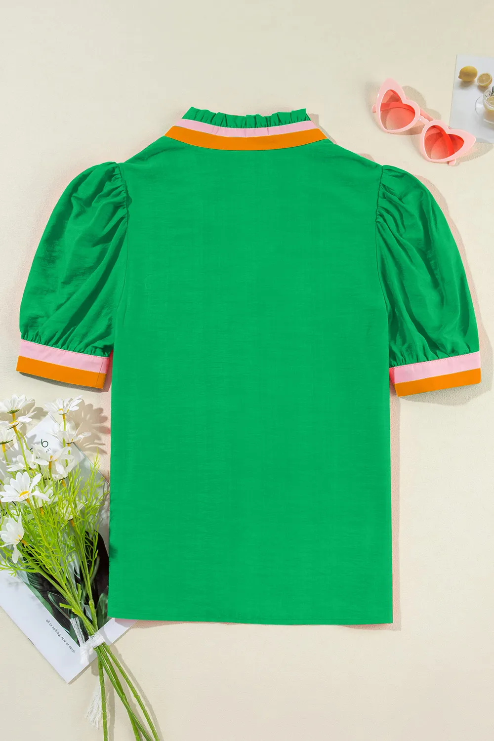 Contrast Trim Notched Short Sleeve Blouse, image 3