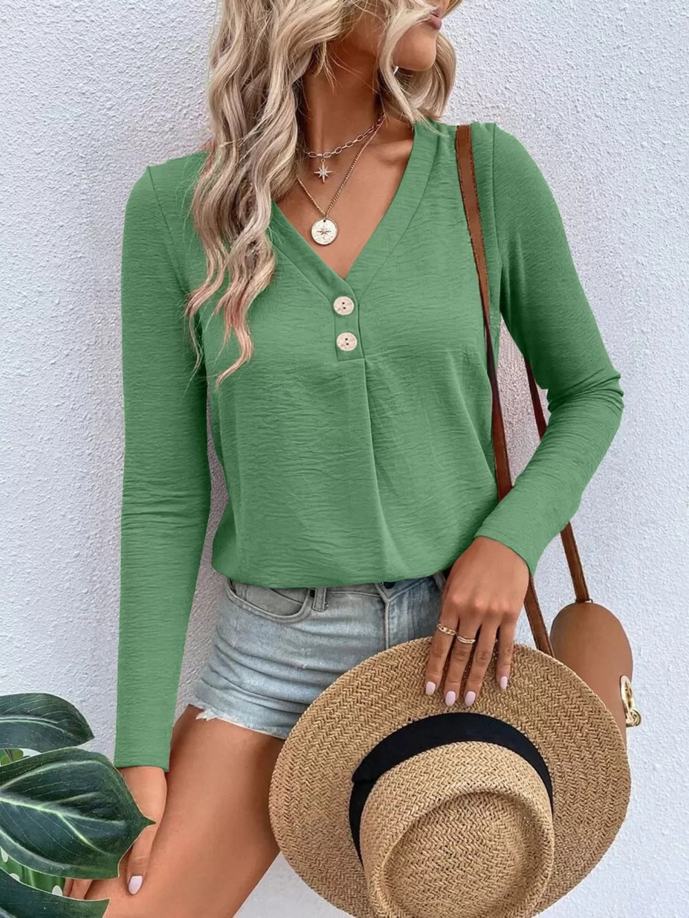 Full Size V-Neck Decor Button Long Sleeve T-Shirt Plus Size, image 19