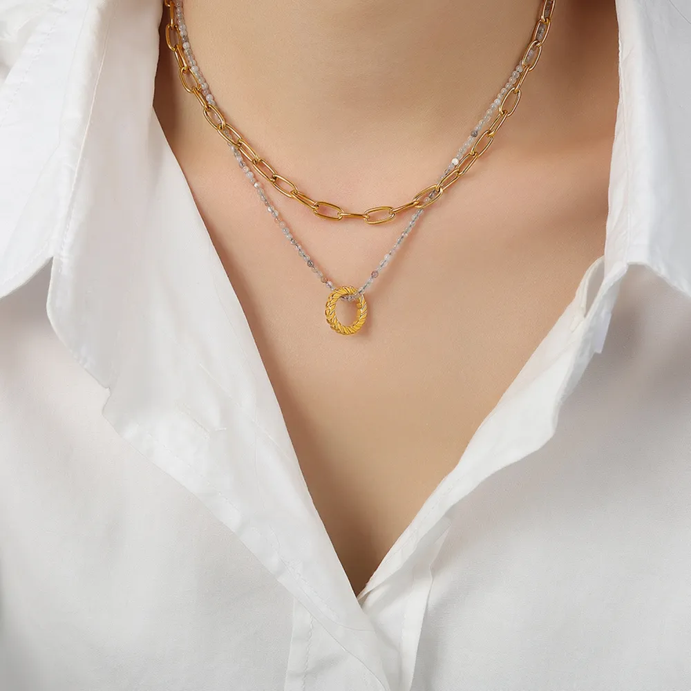 Beaded Double-Layered Titanium Steel Necklace, image 3