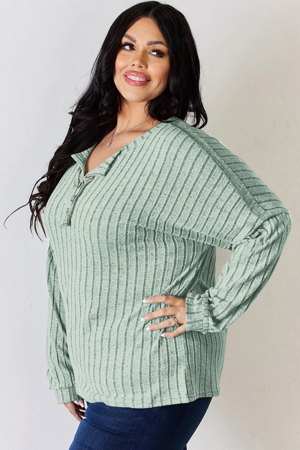 Full Size Ribbed Half Button Long Sleeve T-Shirt, image 25