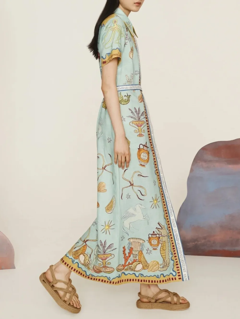 Printed Short Sleeve Maxi Shirt Dress with Belt, image 5