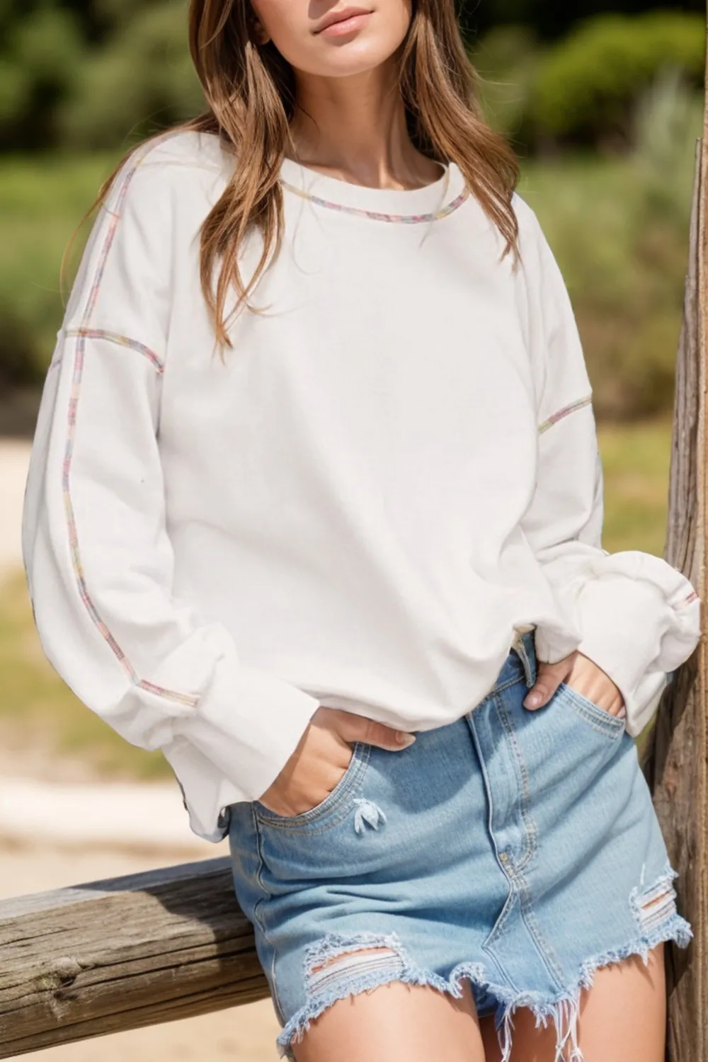 Rainbow Trim Round Neck Long Sleeve Sweatshirt, image 8
