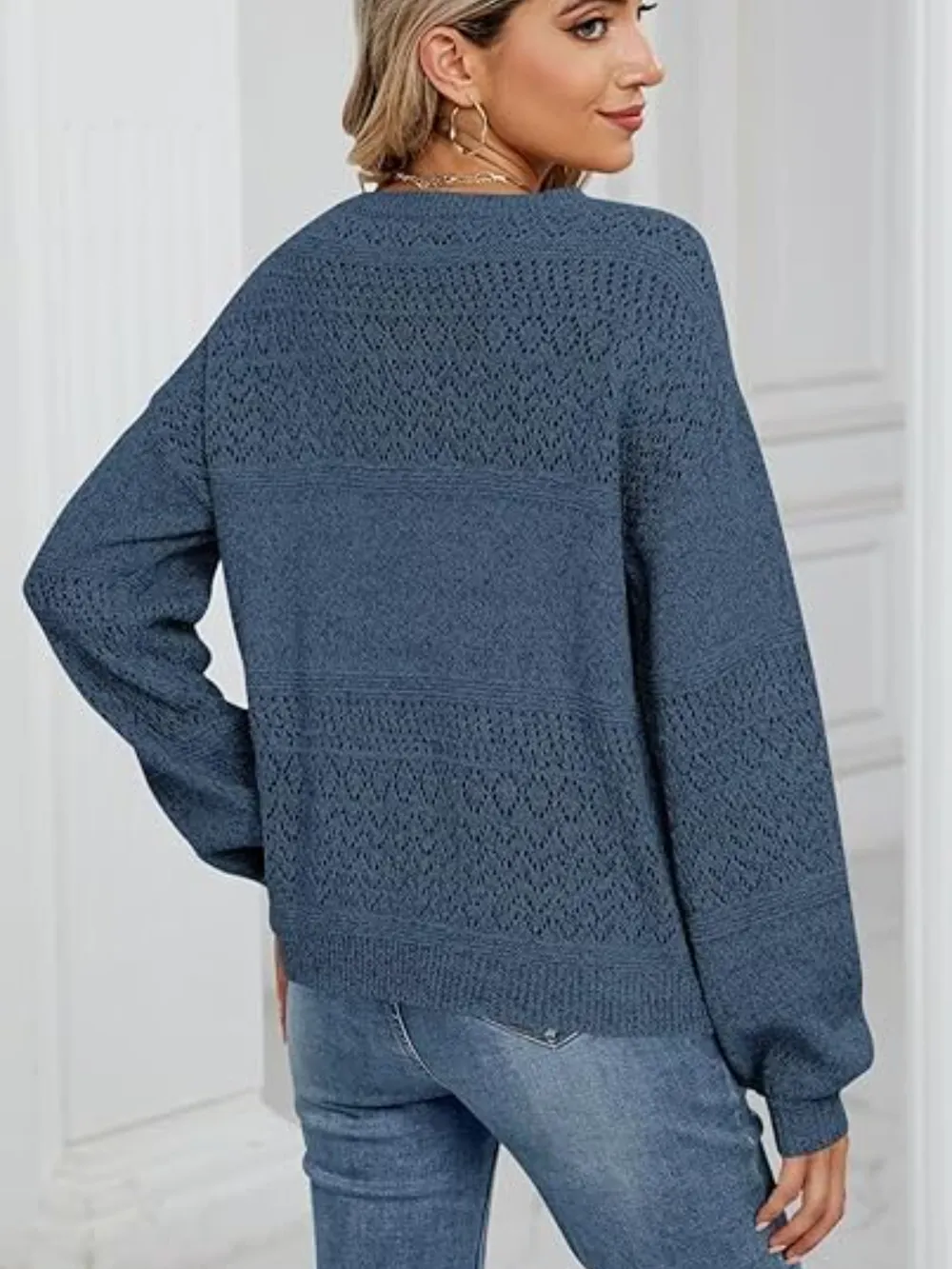 Eyelet V-Neck Long Sleeve Sweater, image 9