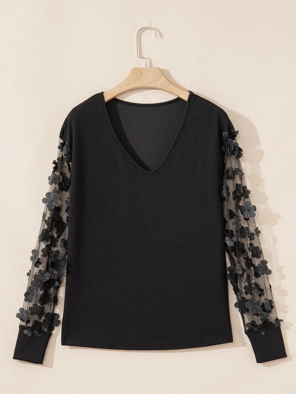 Flower Sheer Sleeve V-Neck Blouse, image 9