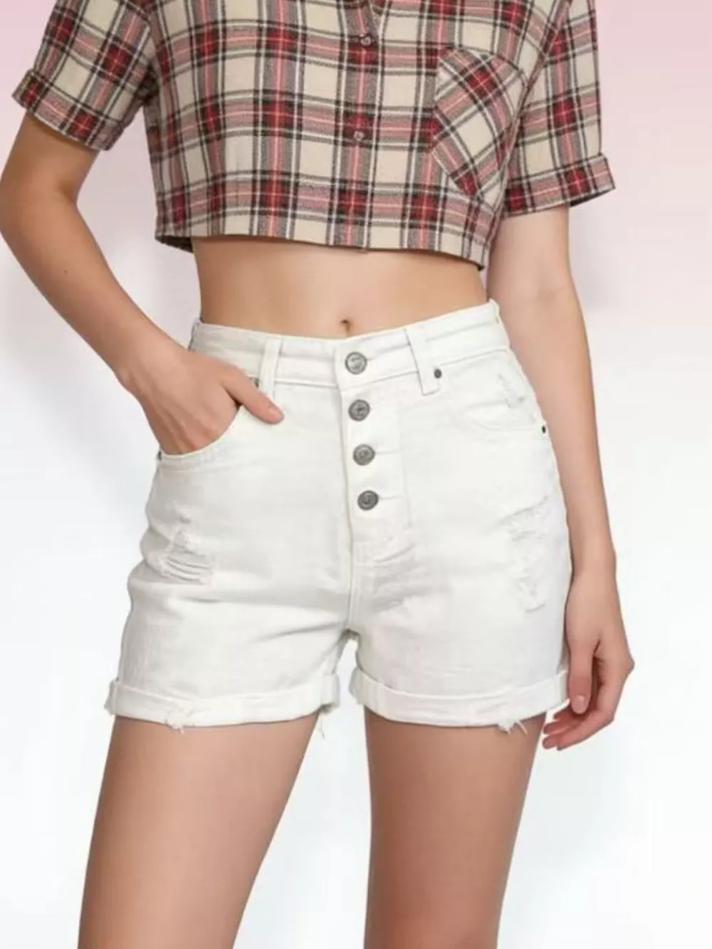 High-Waisted Button-Fly Distressed Denim Shorts, image 7