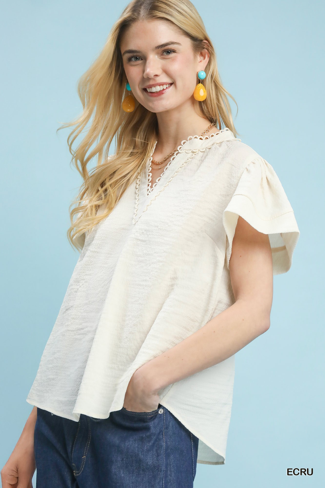 Seersucker Short Sleeve Top with Lace Trim, image 5
