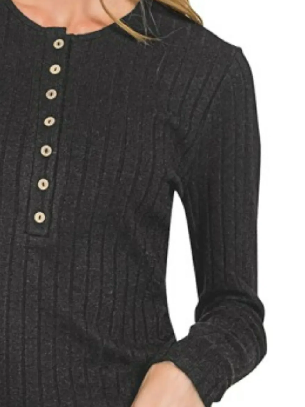 Ribbed Long Sleeve Half Button Top, image 2