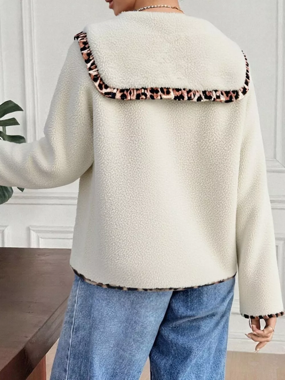 Leopard Trim Contrast Collar Sherpa Jacket, image 4
