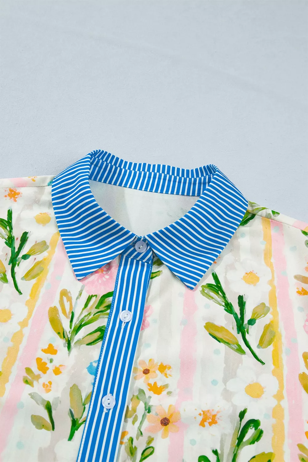 Multicolour Floral Print Striped Trim Button Down Shift Dress, image 5