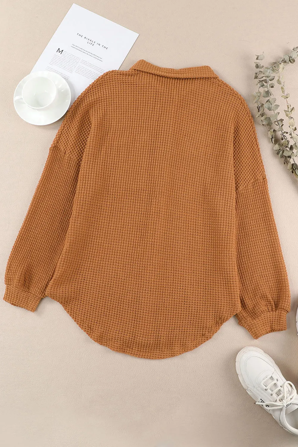 Waffle-Knit Collared Neck Long Sleeve Shirt, image 30