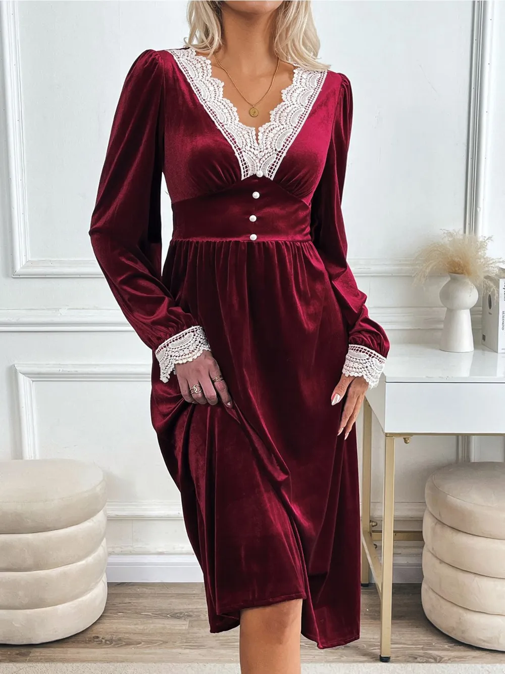 Lace Detail V-Neck Long Sleeve Midi Dress, image 5