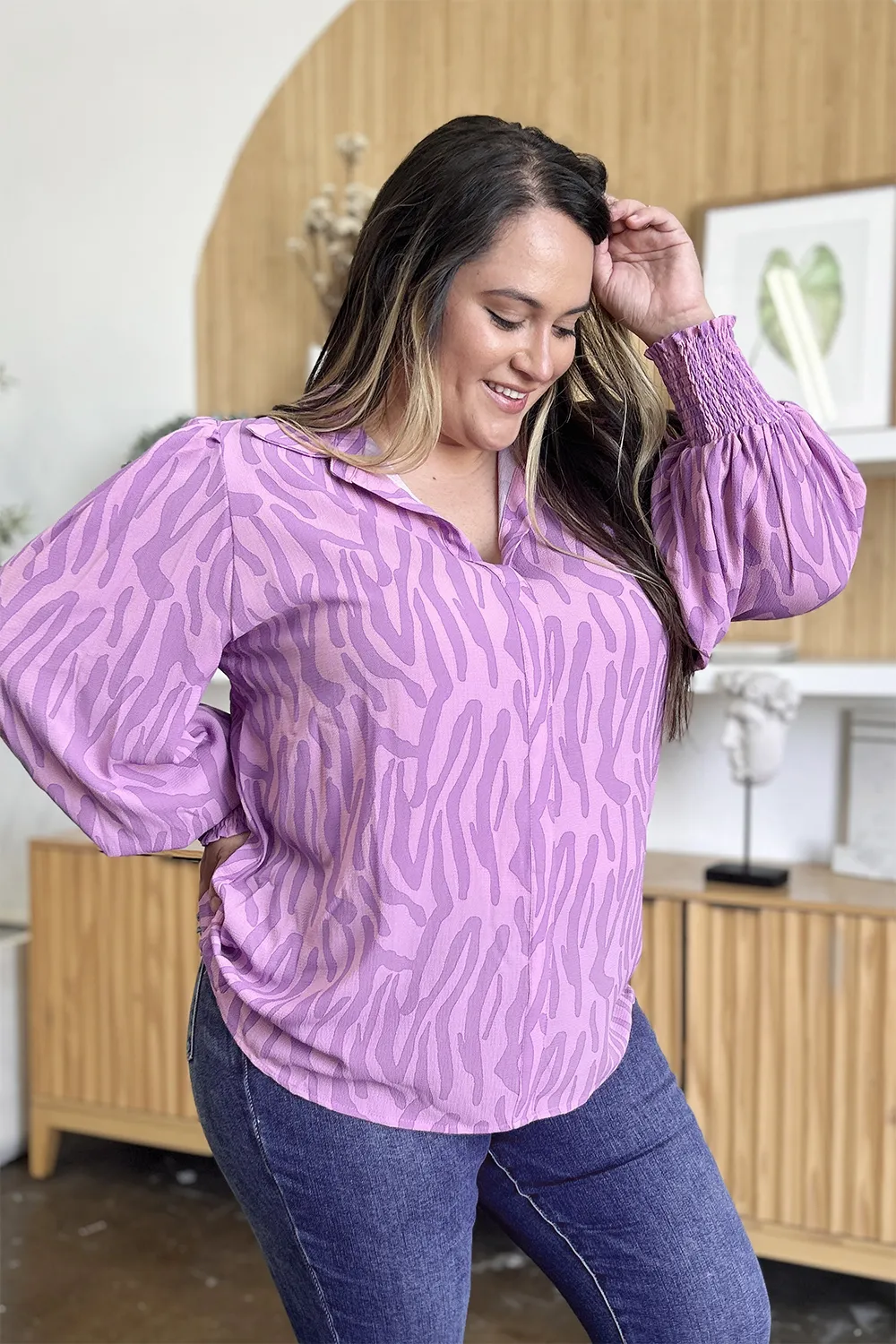 Full Size Printed Smocked Long Sleeve Blouse Plus Size, image 10