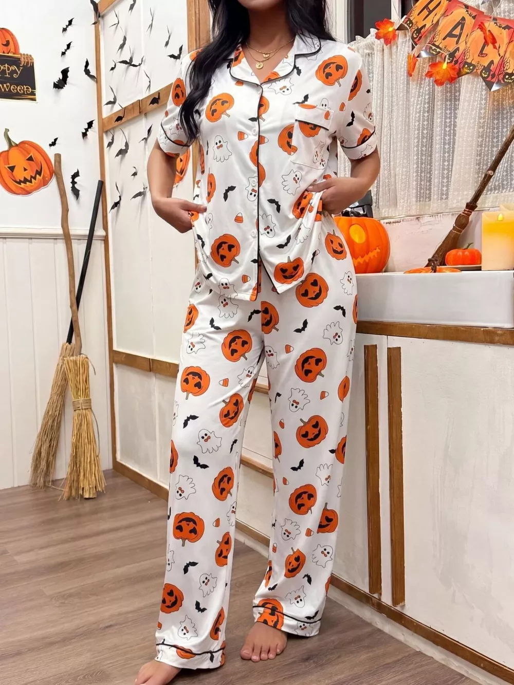 Halloween Pumpkin Print Button-Down Top and Pants Set, image 2