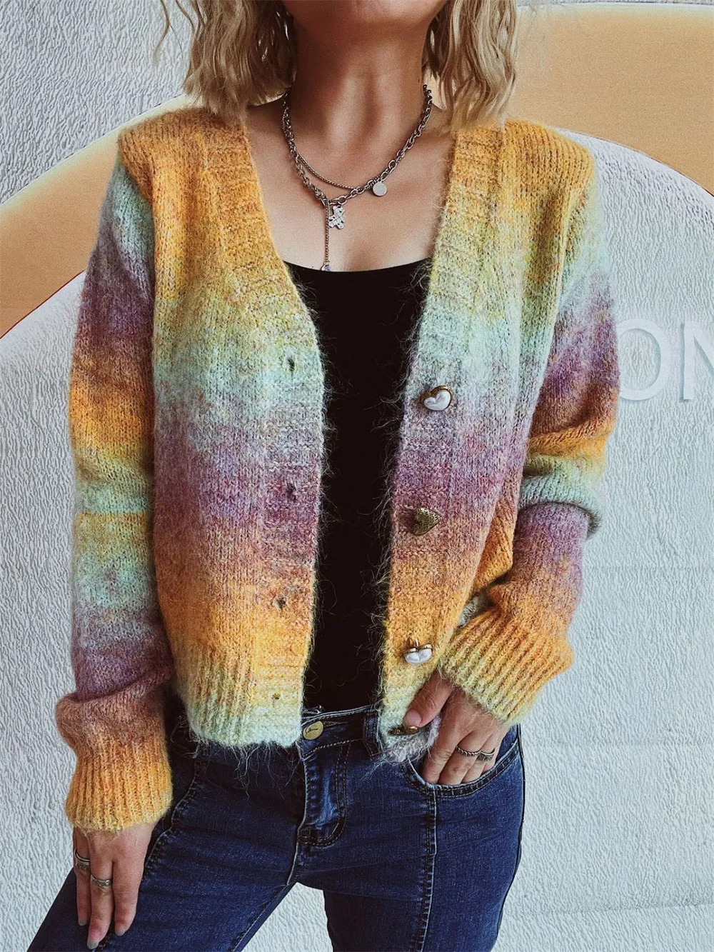 Gradient Heart Shape Button V-Neck Cardigan, image 10