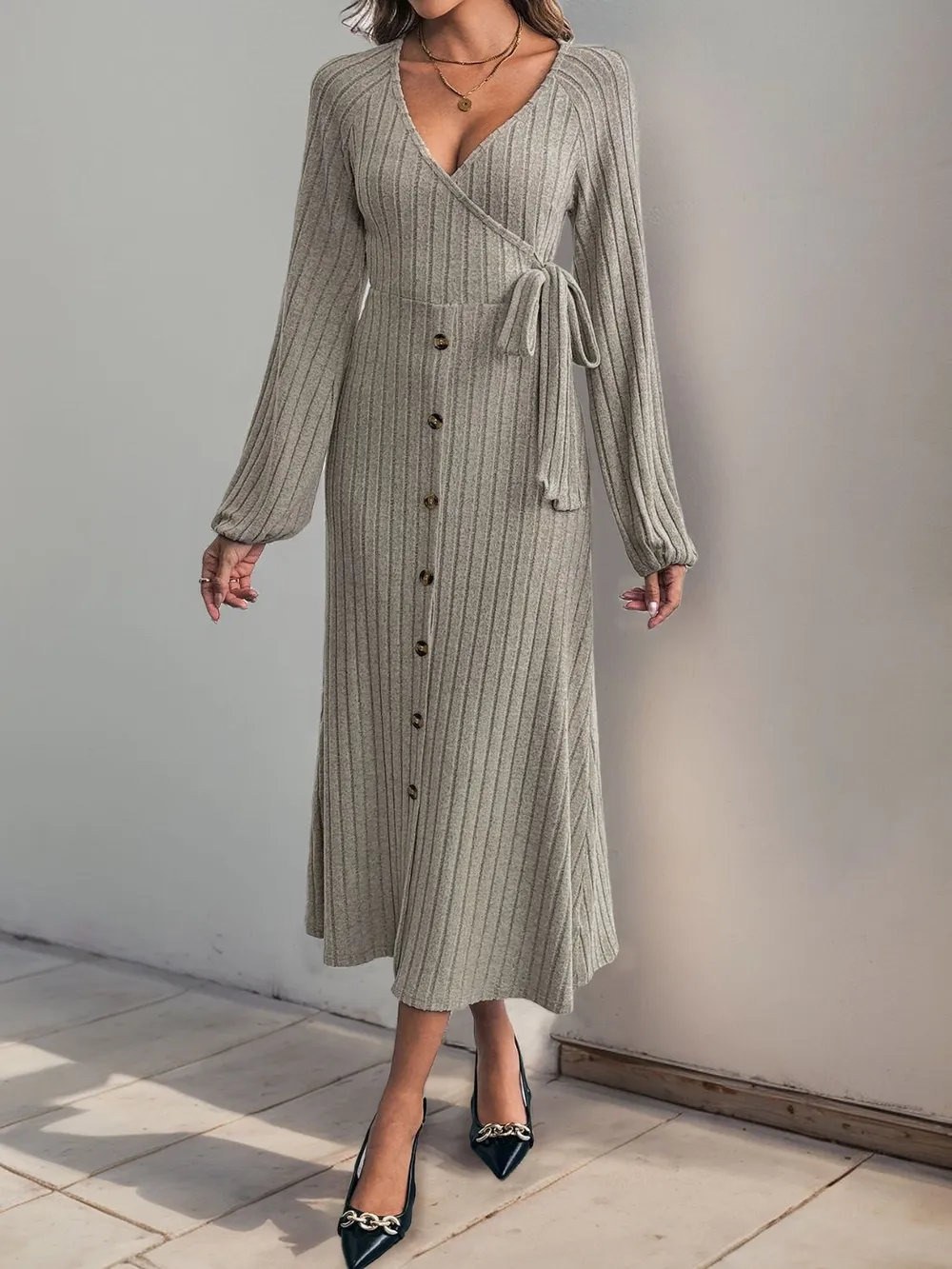 Ribbed Tied Surplice Long Sleeve Dress, image 5