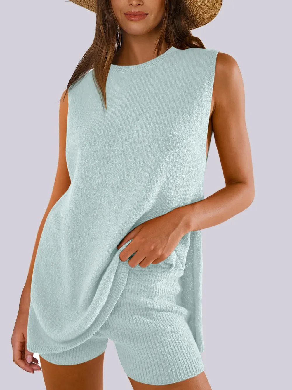 Side Slit Round Neck Tank and Ribbed Shorts Sweater Set, image 11
