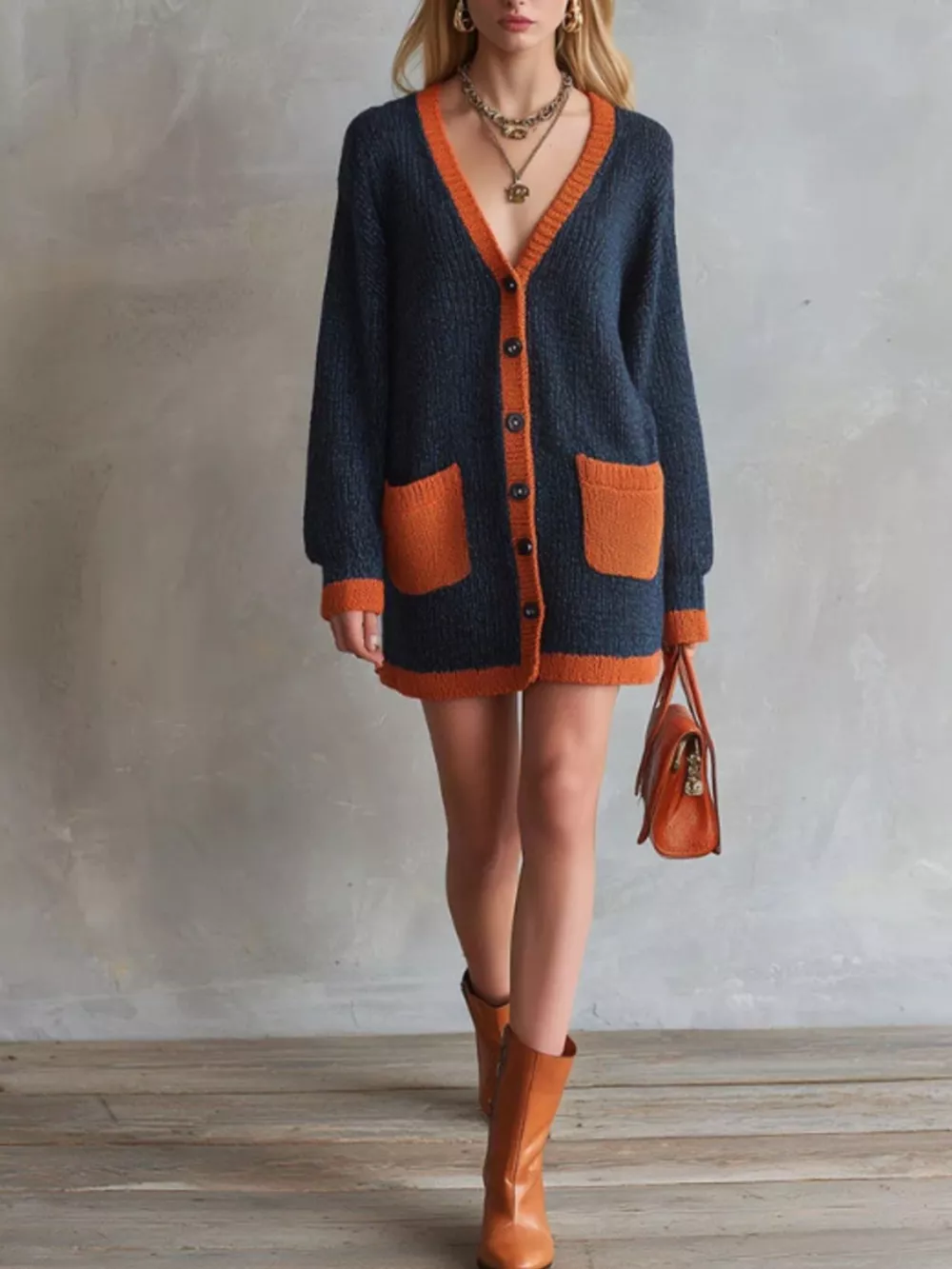 Color-Block V-Neck Button-Down Knit Cardigan, image 2