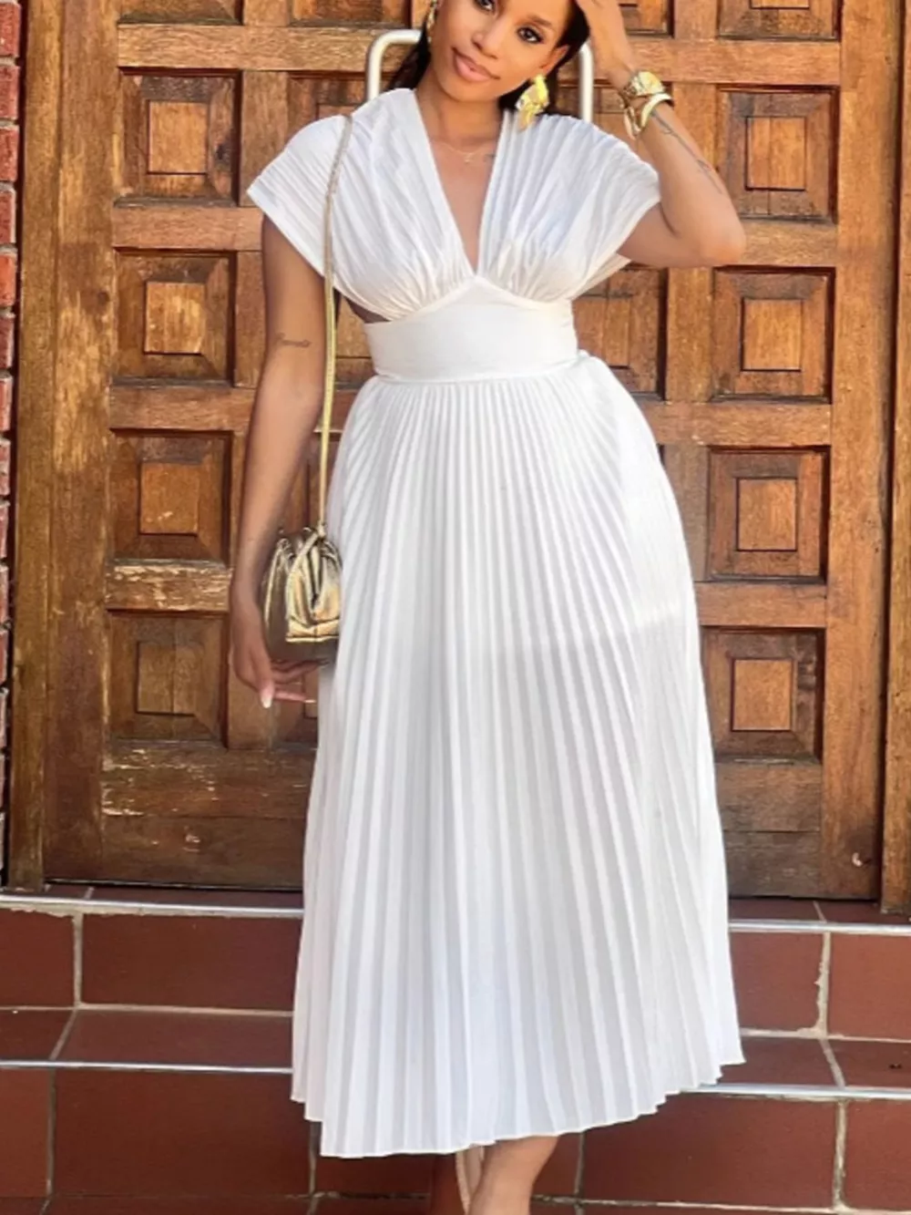 Pleated Cap Sleeve Midi Dress, image 2