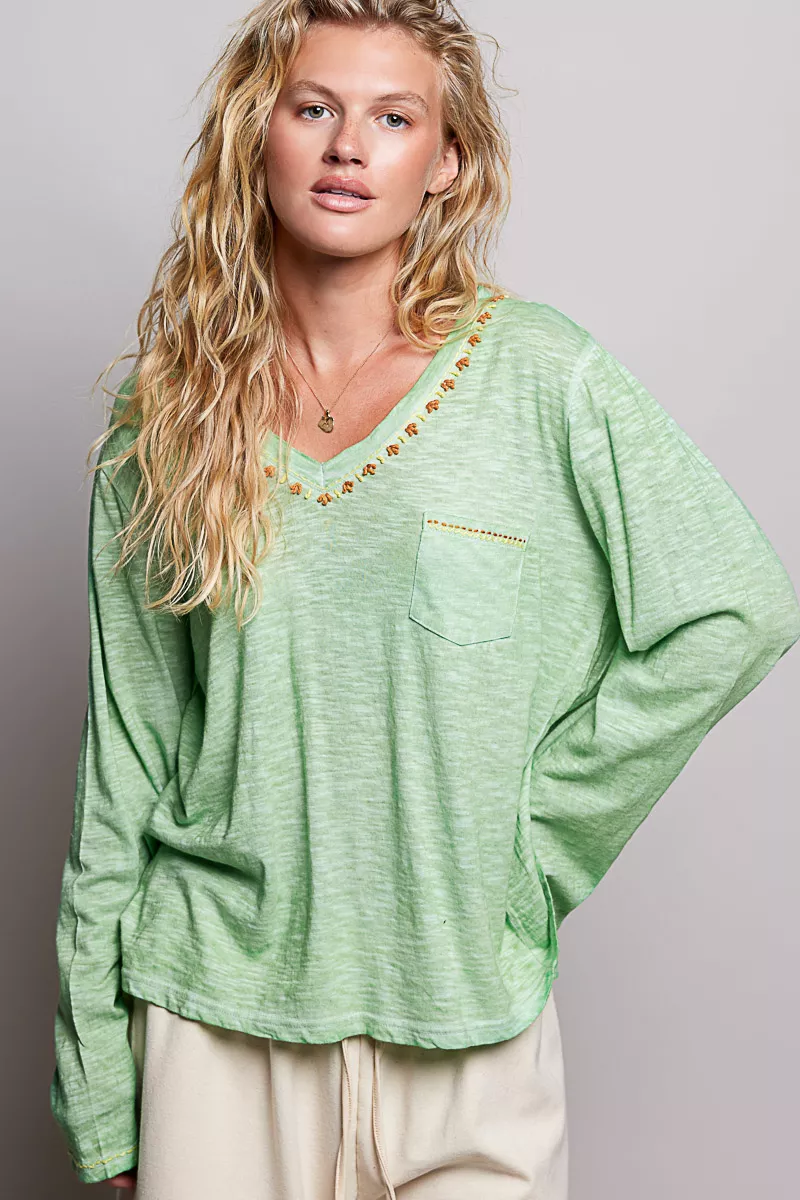 POL V-Neck Contrast Stitch Lightweight Knit Long Sleeve Top, image 5