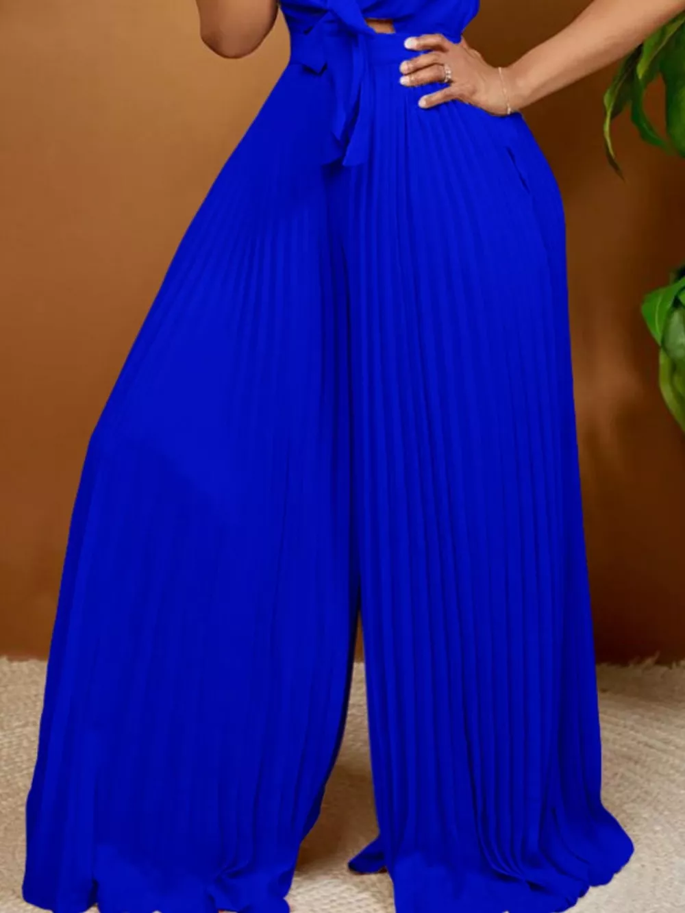 Full Size Tie Front Pleated Wide Leg Jumpsuit Plus Size, image 5