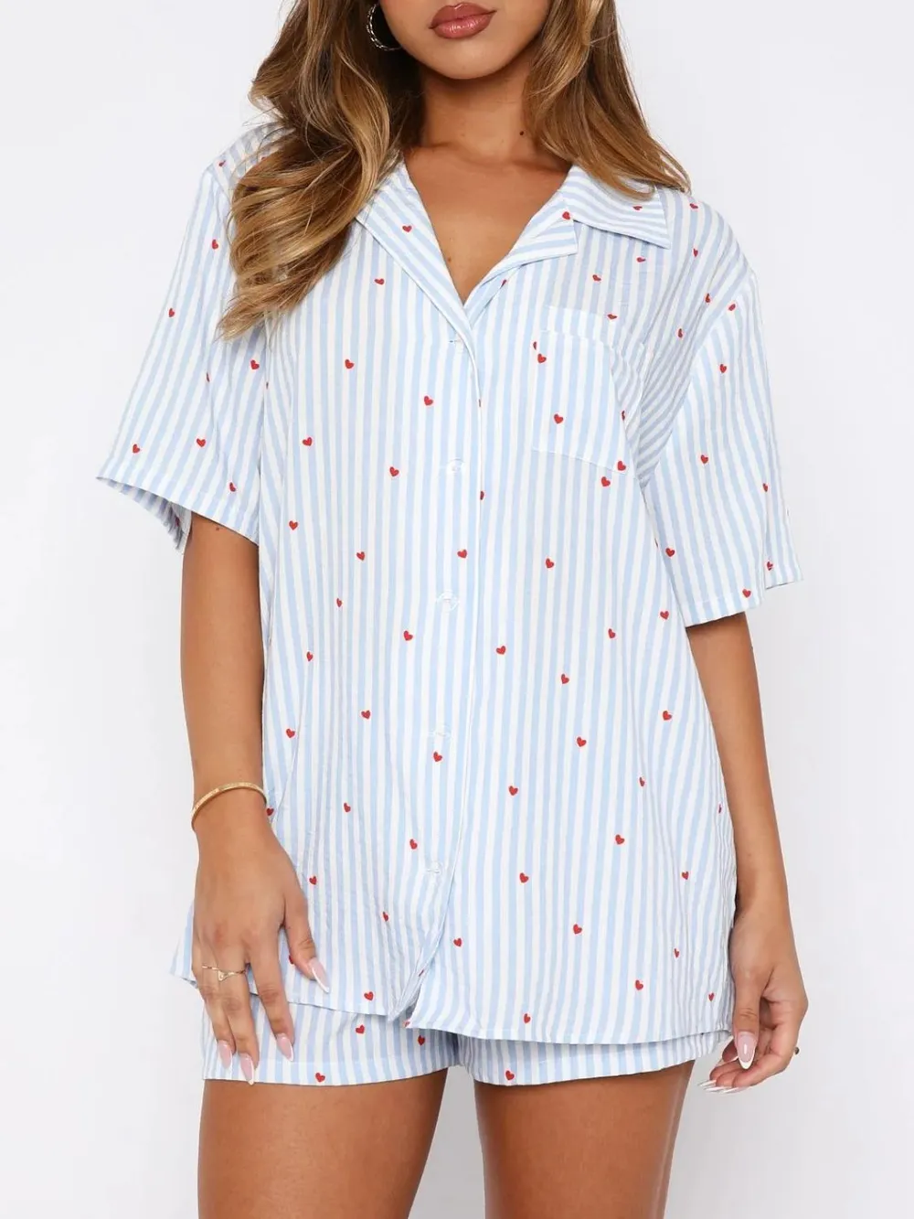 Valentine's Day Printed Collared Neck Short Sleeve Top and Shorts Set, image 19